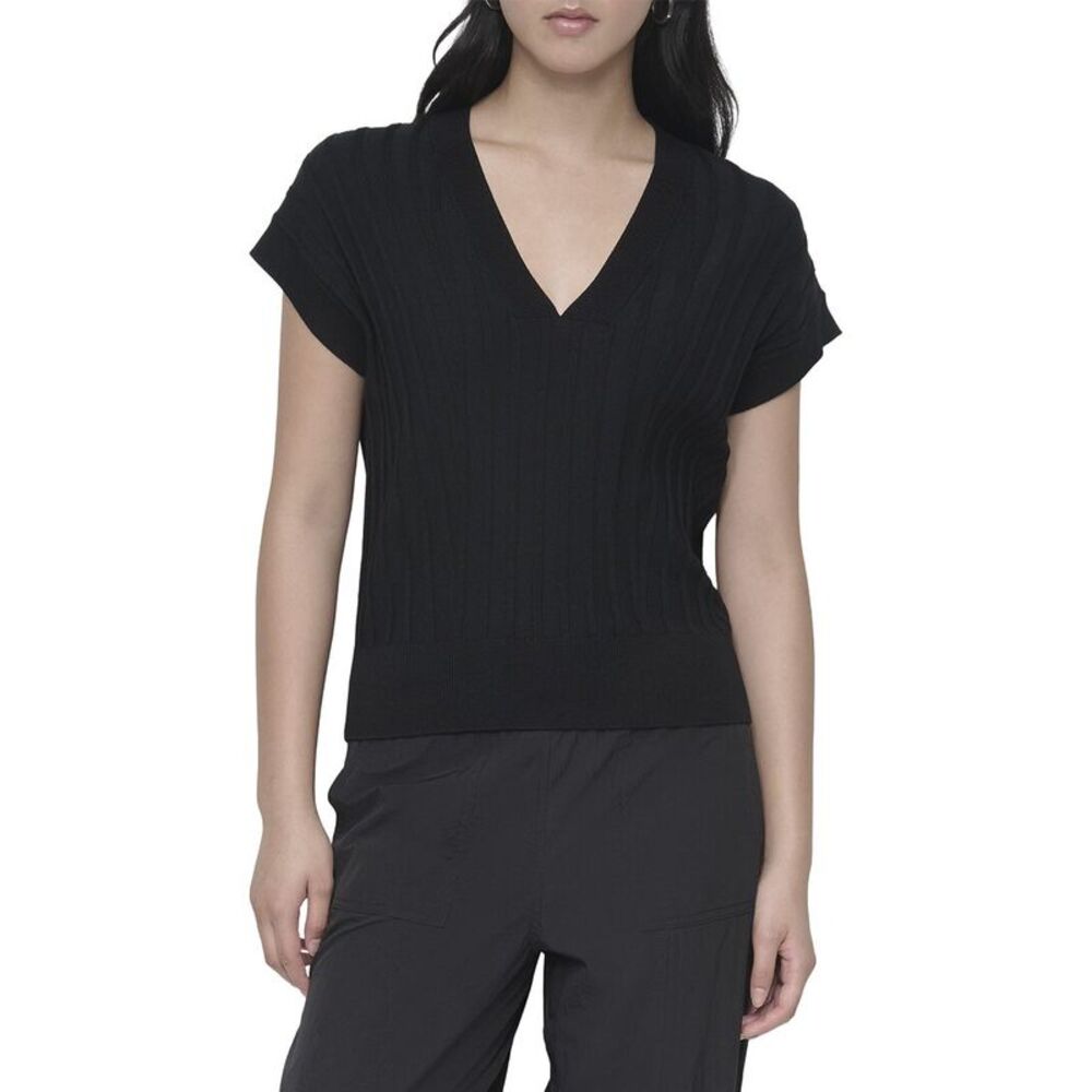 Dkny Womens  Rib V-Neck Sweater, Black